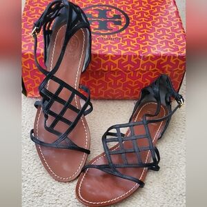 Tory Burch Black Vegan Leather Strappy Flat Sandals 9m